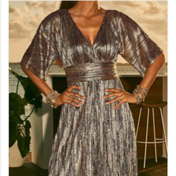 NWT Lilly Pulitzer  PARIGI MAXI DRESS IN GOLD METALLIC ROPE STRIPE BERRY CRINKLE - Picture 2 of 16